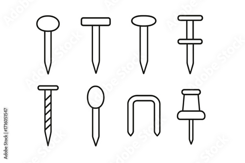 Nail and pin outline vector icon set. Simple linear hardware collection with screw, staple, pushpin and thumbtack. Editable stroke fasteners for construction or office.