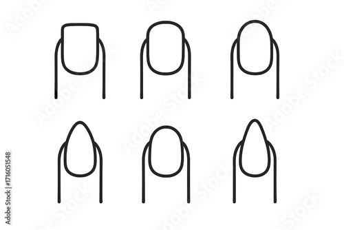 Nail shapes chart vector icon set. Manicure guide with different nail forms like square, oval, round, almond, and stiletto. Beauty salon cosmetic line art collection.