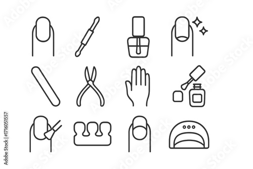 Manicure pedicure line icons set. Nail salon tools, beauty care. Editable stroke vector icon collection. Polish, file, UV lamp, gel, hand, finger for web and apps.