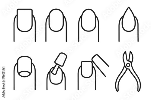 Nail care icon set. Manicure process and different nail shapes. Line art symbols for beauty salon. Polish, file, nippers, stiletto, oval, square. Editable stroke vector pack.