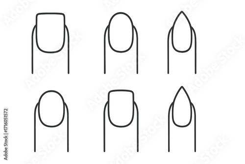 Manicure nail shapes guide. Vector icon set of different fingernail forms. Types chart for beauty salon includes square, oval, stiletto, almond, and squoval. Line art.