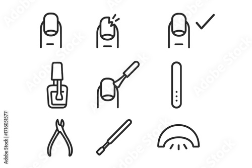 Manicure line icons set. Nail care, salon treatment, and beauty procedure symbols. Editable stroke vector graphics for web. Includes polish, file, lamp, clippers, broken nail.