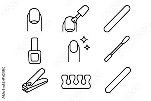 Manicure and pedicure line icon set. Nail care, beauty salon, and spa treatment symbols. Vector collection of cosmetic tools like polish, file, clipper, and toe separator.