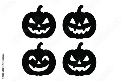 Halloween pumpkin icon set in grunge style, vector cartoon illustration with spooky and funny jack-o'-lantern faces, transparent background, festive autumn decoration, horror and celebration theme