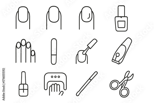 Manicure and pedicure line icon set. Nail care tools and beauty salon equipment symbols. Outline collection for nails, polish, file, clippers, scissors, UV lamp vector.