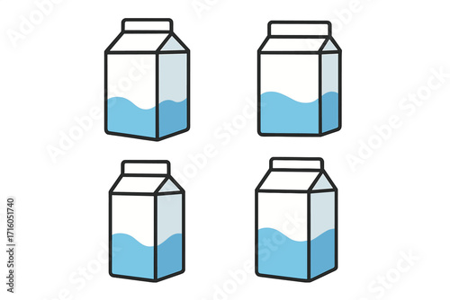 Milk carton vector icon set. Flat style illustration of juice or dairy drink packaging. Liquid container symbol for beverage pack graphic. Grocery food and drink concept.
