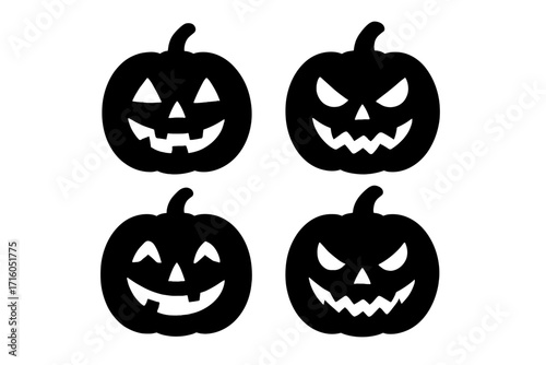 Halloween pumpkin icon set, silhouette vector illustration with transparent background, cartoon style jack-o'-lantern faces, spooky Halloween facial expressions collection