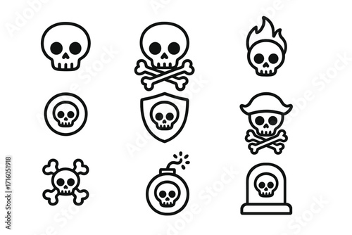 Skull icon set. Danger, poison, and warning symbols. Pirate jolly roger, crossbones, bomb, and tombstone icons. Simple line art vector illustration for UI and web design.