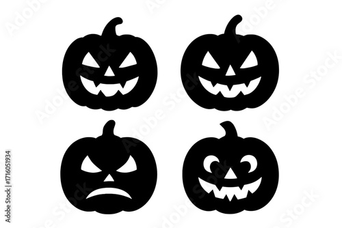 Halloween pumpkin icon set, grunge style vector cartoon illustration with transparent background, spooky jack-o'-lantern faces, scary and funny pumpkin expressions, seasonal autumn decoration