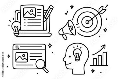 Content strategy icon pack with outline doodle style. Digital marketing elements for business growth, SEO, targeting, content creation, idea generation and promotion vector set.
