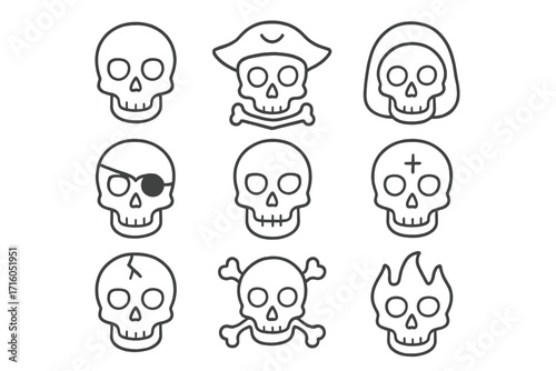 Skull thin line icon set. Pirate, grim reaper, flaming head, poison symbol and crossbones. Vector illustration for Halloween. Danger, Jolly Roger, death, occult and tattoo.