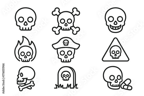 Skull line icon set. Death, danger, poison, warning sign collection. Pirate jolly roger. Spooky Halloween outline icons. Human skeleton head. Tombstone, grave, mortality vector.