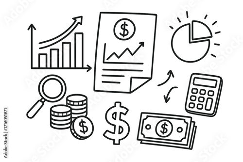 Finance and business doodle icon set. Hand drawn vector illustration of money, investment, and growth concepts. Infographic elements for data analysis, accounting report.