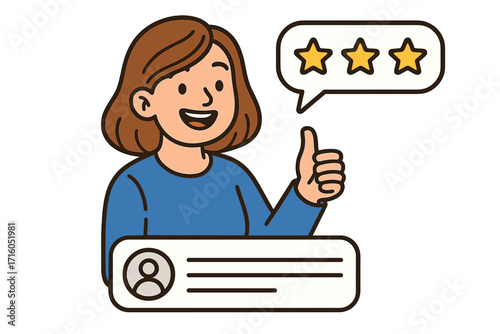 Customer satisfaction concept. Happy woman gives positive review and thumbs up. Client feedback with three stars for quality service. User experience rating vector illustration.