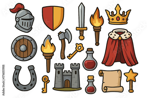 Medieval fantasy icon set. Cartoon vector illustration for RPG game assets. Knight, king, castle, sword, shield, crown, and magic potion. Fairy tale kingdom elements.