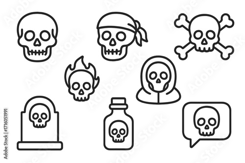 Skull line icon set vector collection. Death, danger, poison, and pirate symbols. Grim reaper, tombstone, and crossbones. Editable stroke for web, apps, and print.