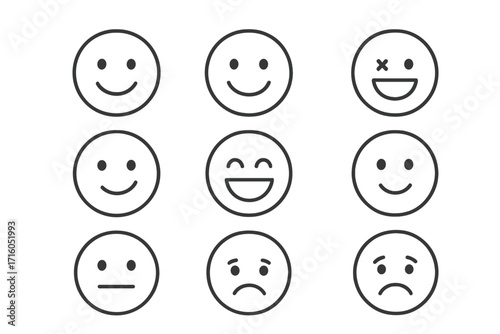 Emoticon icon set with editable stroke. Smile faces for customer feedback and satisfaction rating. Happy, sad, neutral and other mood expressions vector illustration.