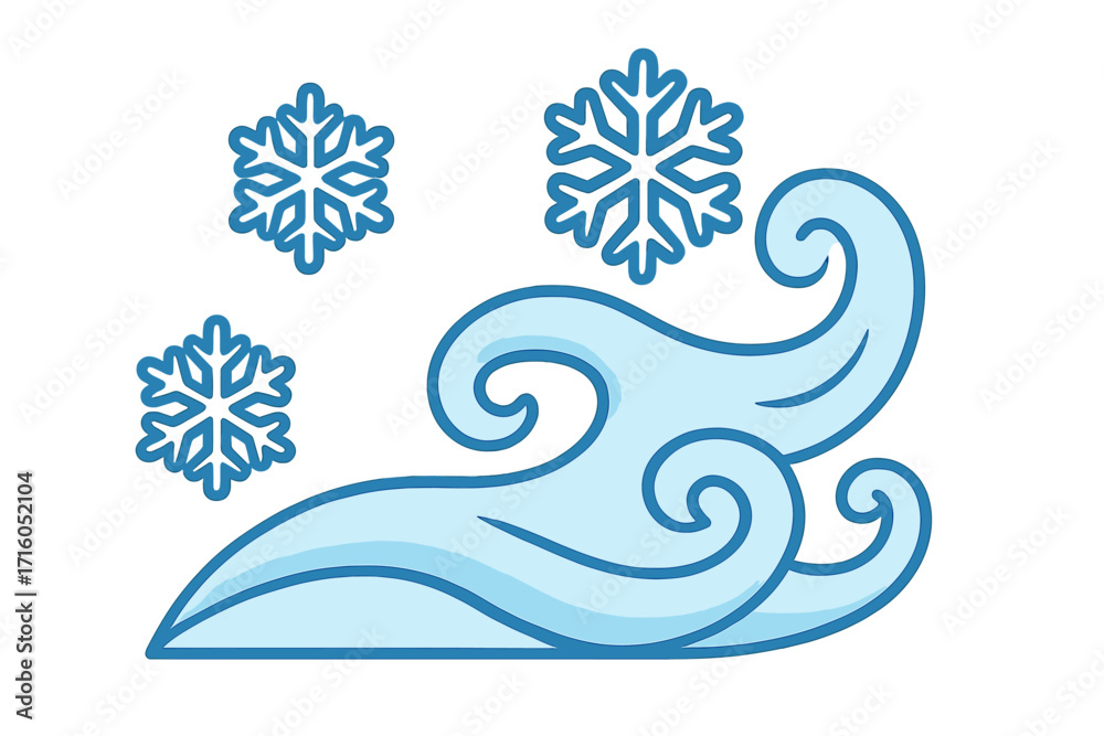 Winter wind blowing snow. Cold blizzard weather symbol. Snowflake icon set. Cartoon vector illustration for freezing temperature, cool air flow, winter storm and snowfall.