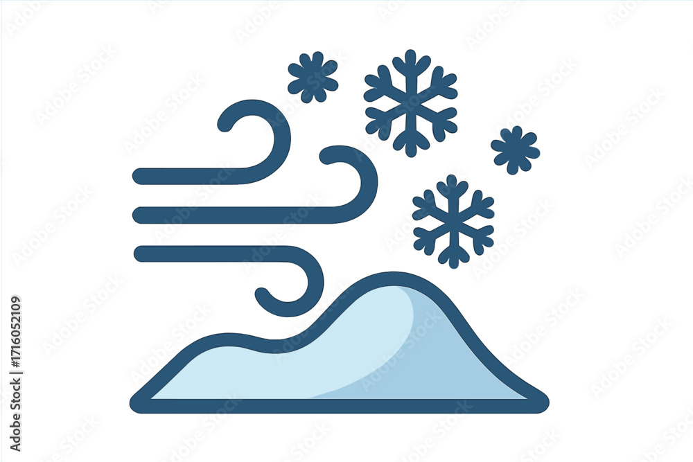 Snow storm icon with wind and snowflakes. Winter blizzard weather symbol. Cold climate sign. Vector illustration of a snowdrift blowing in a gust. Flat cartoon design.