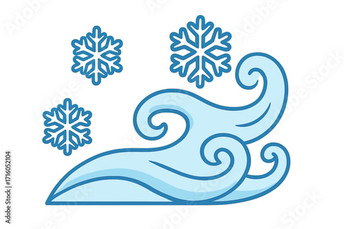 Winter wind blowing snow. Cold blizzard weather symbol. Snowflake icon set. Cartoon vector illustration for freezing temperature, cool air flow, winter storm and snowfall.