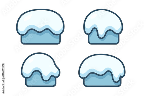 Snow cap symbol set. Flat cartoon vector illustration. Winter snowdrift icon collection for Christmas design. Icy frost element for holiday decoration, game asset or web button.