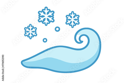 Winter wind blow and snowflake icon. Cold weather symbol with snow storm swirl. Frosty air gust and blizzard cartoon vector illustration. Flat design for forecast app.