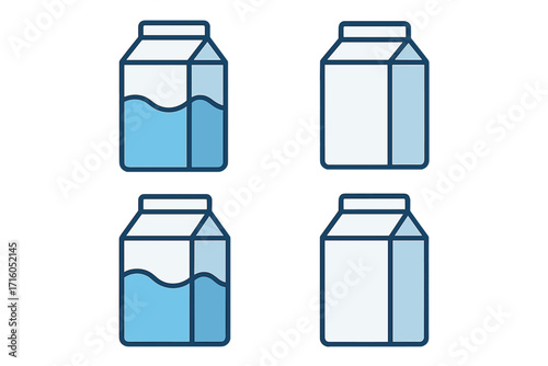 Milk pack icon flat style vector cartoon illustration, simple dairy packaging design, transparent background, set of fresh milk containers, vector graphic for food and drink branding