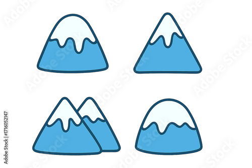 Mountain icon set vector. Flat cartoon illustration of blue mountains with snow peaks. Simple nature landscape symbol collection for winter, travel, hiking and climbing.