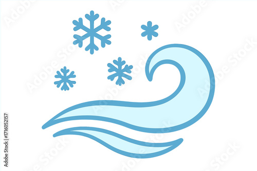 Cold winter wind blowing snowflakes. Weather symbol for blizzard, frost, and chilly air. Flat vector cartoon illustration isolated on a white background. Concept of season.