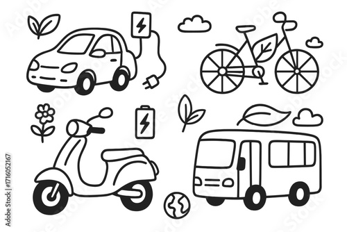 Eco transport doodle set. Green energy concept. Sustainable transportation. Electric car, scooter, bicycle, bus icons. Ecology outline vector illustration. Line art vehicle.