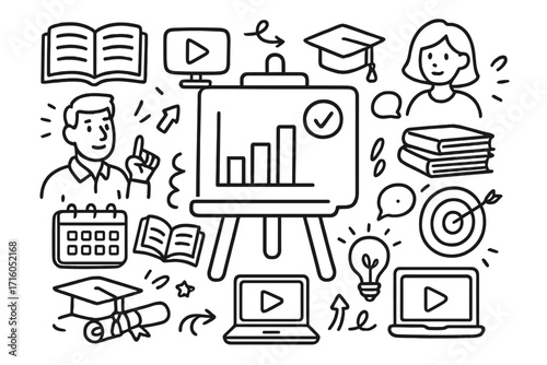 E-learning and online education doodle concept. Business training, webinar, and presentation vector illustration. Set of icons for personal growth, knowledge, and success.