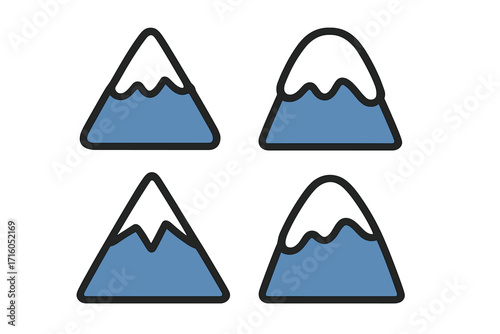 Mountain icon set. Flat cartoon vector illustration. Simple minimal collection of snow capped peak symbols. Nature landscape for travel, hiking, or climbing logo design element.