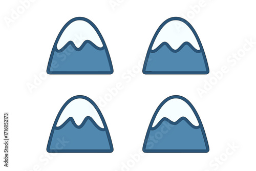 Mountain with snow peak icon set. Flat cartoon vector illustration. Winter nature symbol. Cold season landscape. Travel adventure concept. Simple hill graphic element collection.