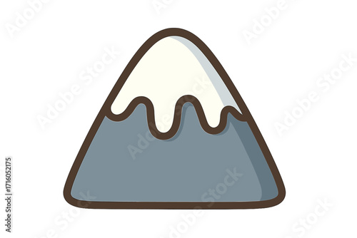 Mountain peak with snow. Vector icon. Nature landscape symbol. Cartoon illustration. Adventure travel concept. Climbing summit. Outdoor exploration graphic. Hilltop rock.