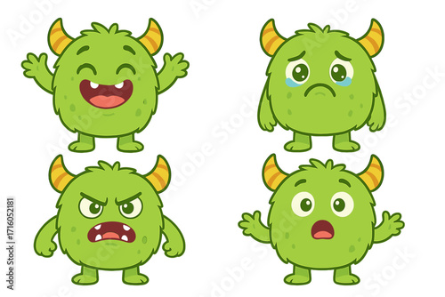 Cute green monster character set showing different emotions. Vector illustration of a funny cartoon mascot being happy, sad, angry, and surprised. Emotional expression icons.
