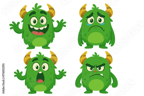 Cute green monster character set showing different emotions. Vector cartoon illustration with happy, sad, angry, and surprised facial expressions. Funny alien mascot for kids.