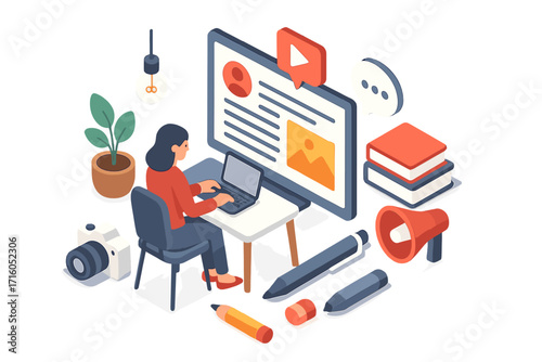 Content creation isometric concept. Blogger or vlogger at work. Social media manager. Woman working on laptop. Digital marketing. Freelance writer, journalist at desk.
