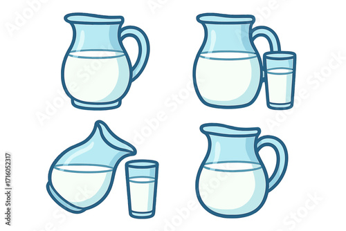 Milk jug and glass vector icon set. Cartoon illustration of pouring fresh milk from a pitcher. Healthy dairy drink for breakfast. Natural liquid food concept isolated on white.