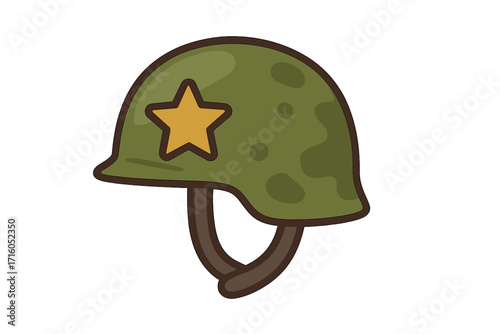Military helmet icon with star. Army soldier camouflage headwear. Combat hard hat symbol for war or veteran's day. Flat vector cartoon illustration. Defense and protection gear.