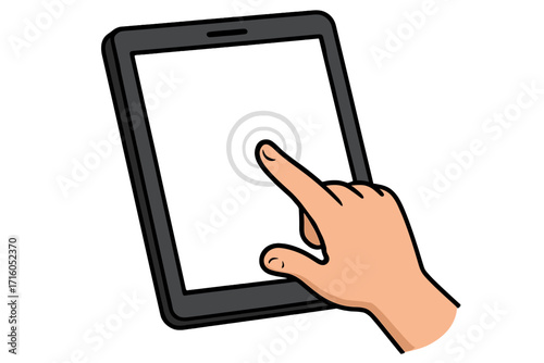 Hand tapping tablet screen vector illustration. Cartoon finger touching display. Mobile device interaction concept. Using touchscreen for app, online communication. Digital technology.