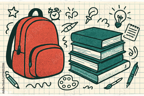 Back to school concept illustration. Vector collage with backpack, books, and stationery doodles on checkered paper. Education, learning, and knowledge design elements.
