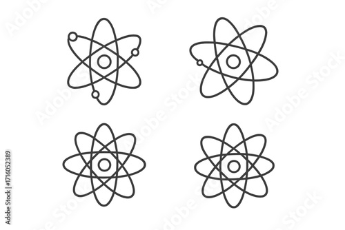 Atom icon set science symbol. Physics, chemistry and nuclear energy concept. Molecule structure pictogram collection for web design. Editable stroke vector line art illustration.