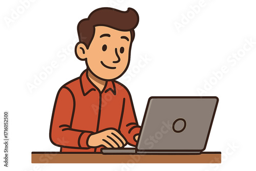Man working on laptop computer at office desk. Vector cartoon character illustration. Businessman, freelancer or student studying. Concept of remote work, online job, internet.