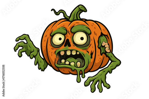 Zombie pumpkin monster for Halloween. Spooky jack-o-lantern character illustration. Creepy undead vegetable with slime. Cartoon vector for horror party invitation design.