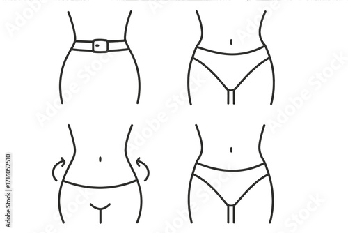 Woman waist line icon set. Body slimming, weight loss, liposuction concept. Female figure, underwear and belt outline vector illustration for diet and fitness apps or web.