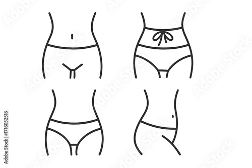 Woman waist and hips line icon set. Female body figure in underwear. Vector symbols for diet, weight loss, fitness, beauty. Slim body, bikini area, and belly contour.