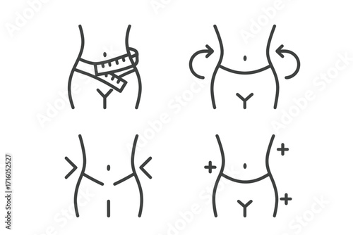 Weight loss icon set. Waist measurement. Body shaping and slimming. Concept of diet and fitness. Belly fat reduction. Liposuction, plastic surgery. Healthy body line icons.