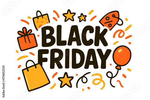 Black Friday sale vector illustration. Cartoon doodle design for retail and commerce. Promotional banner concept with shopping bags, gifts, and discount price tag for holiday.