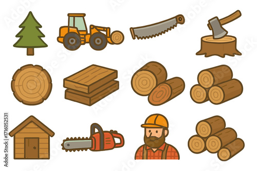 Lumberjack icon set with logger, axe, chainsaw, tractor, tree, and wood logs. Forestry and timber industry vector collection. Flat cartoon illustration for woodworking concepts.