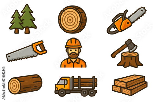 Lumberjack icon set. Forestry and logging industry vector icons. Wood, timber, logger, chainsaw, axe, tree, truck and saw. Woodcutting and woodworking concept elements.